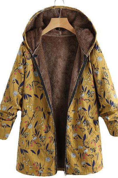 Women Fleece Coat Autumn Winter Warm Printed Long Sleeve Thicken Casual Hooded Jacket Outwear 3#
