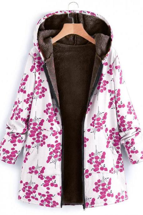 Women Fleece Coat Autumn Winter Warm Printed Long Sleeve Thicken Casual Hooded Jacket Outwear 5#