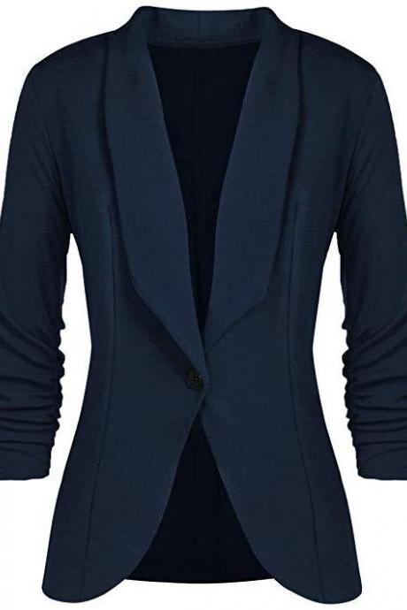 Women Blazer Coat Autumn Long Sleeve Single Button Office OL Business Slim Suit Jacket navy blue