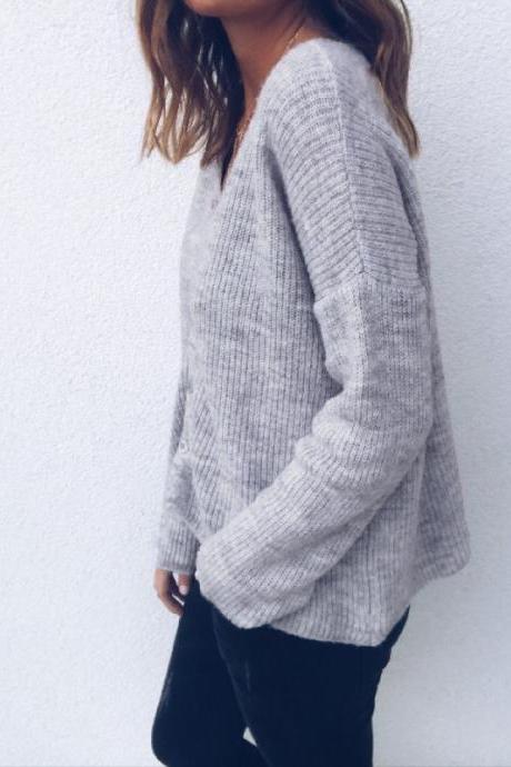 Women Knitted Sweater Autumn V Neck Long Sleeve Buttons Casual Loose Cardigan Tops gray