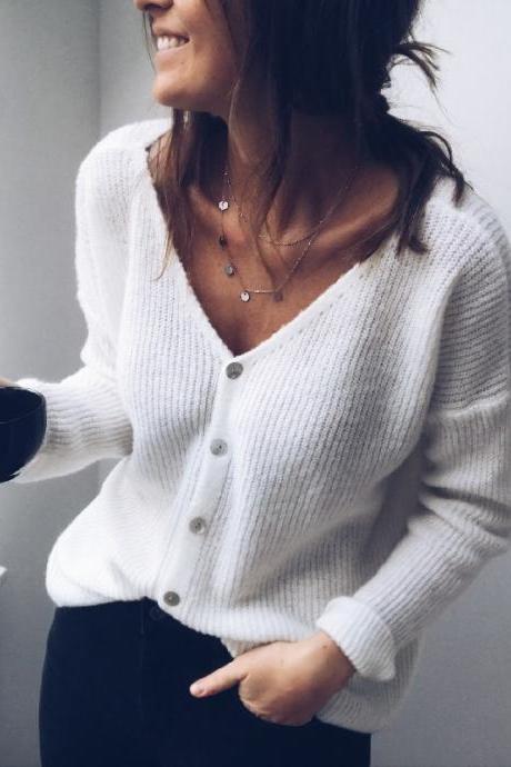 Women Knitted Sweater Autumn V Neck Long Sleeve Buttons Casual Loose Cardigan Tops off white