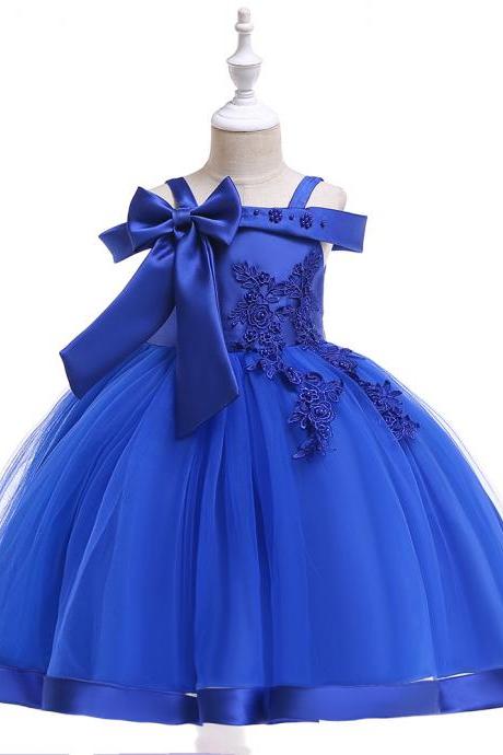 Off the Shoulder Flower Girl Dress Lace Formal Birthday Princess Bow Party Gown Kids Children Clothes royal blue