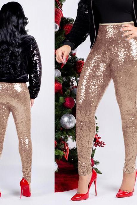 Women Sequined Pencil Pants With Lining Sexy Skinny Slim Night Club Party Trousers apricot