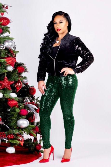 Women Sequined Pencil Pants With Lining Sexy Skinny Slim Night Club Party Trousers green