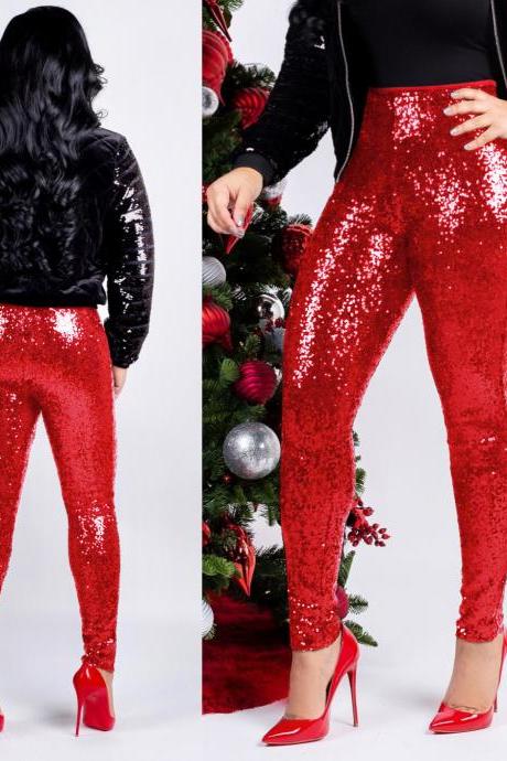 Women Sequined Pencil Pants With Lining Sexy Skinny Slim Night Club Party Trousers red
