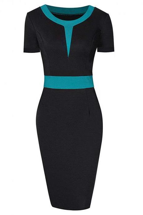 Women Pencil Dress Patchwork Contrast Color Short Sleeve Work Office Bodycon Party Dress green