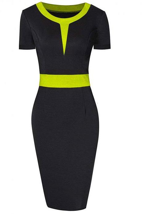  Women Pencil Dress Patchwork Contrast Color Short Sleeve Work Office Bodycon Party Dress yellow