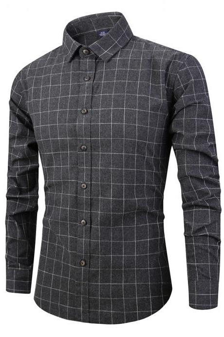Men Plaid Shirt Spring Autumn Single Breasted Long Sleeve Cotton Slim Fit Casual Shirt black