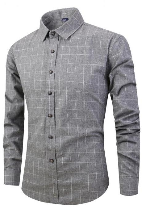 Men Plaid Shirt Spring Autumn Single Breasted Long Sleeve Cotton Slim Fit Casual Shirt gray