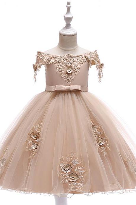  Off Shoulder Flower Girl Dress Lace Formal Birthday Dance Princess Party Tutu Gowns Children Clothes champagne