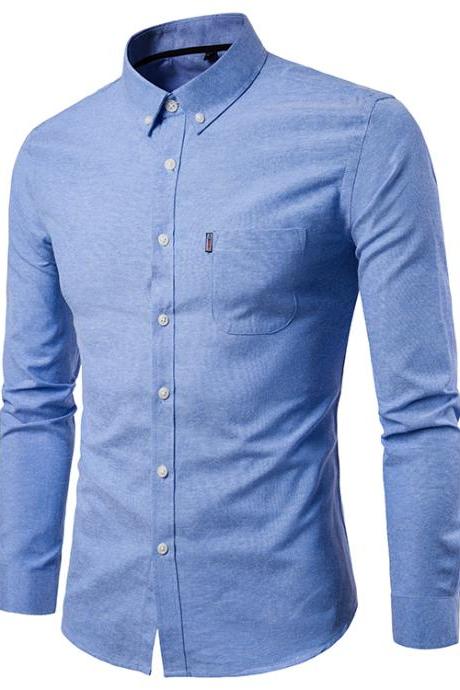 Men Shirt Spring Autumn Long Sleeve Turn-down Collar Single Breasted Plus Size Business Formal Casual Slim Fit Shirt Blue