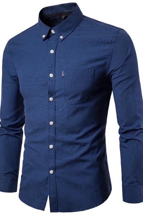  Men Shirt Spring Autumn Long Sleeve Turn-down Collar Single Breasted Plus Size Business Formal Casual Slim Fit Shirt navy blue