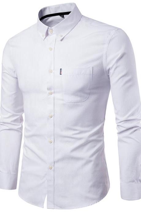 Men Shirt Spring Autumn Long Sleeve Turn-down Collar Single Breasted Plus Size Business Formal Casual Slim Fit Shirt off white