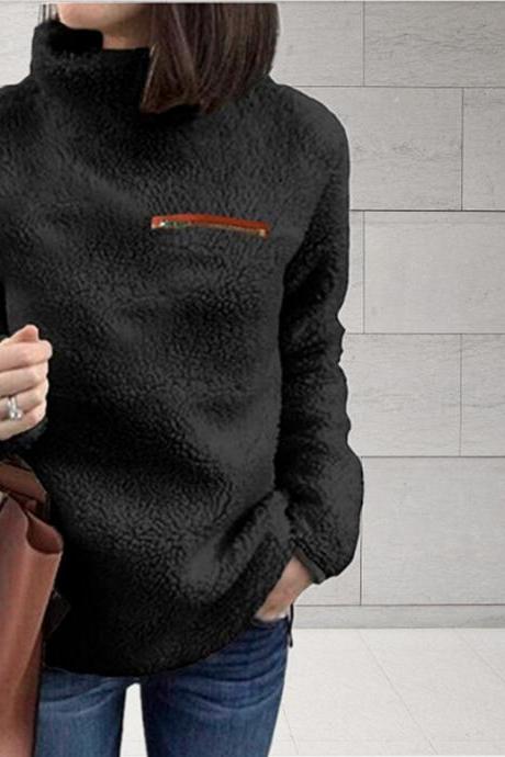 Women Fleece Tops Autumn Winter Warm Turtleneck Zipper Long Sleeve Casual Pullover black