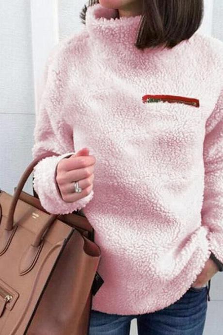 Women Fleece Tops Autumn Winter Warm Turtleneck Zipper Long Sleeve Casual Pullover pink