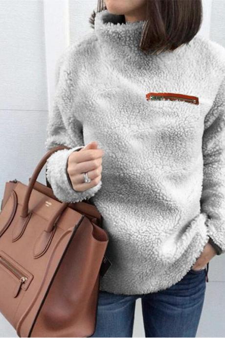Women Fleece Tops Autumn Winter Warm Turtleneck Zipper Long Sleeve Casual Pullover silver