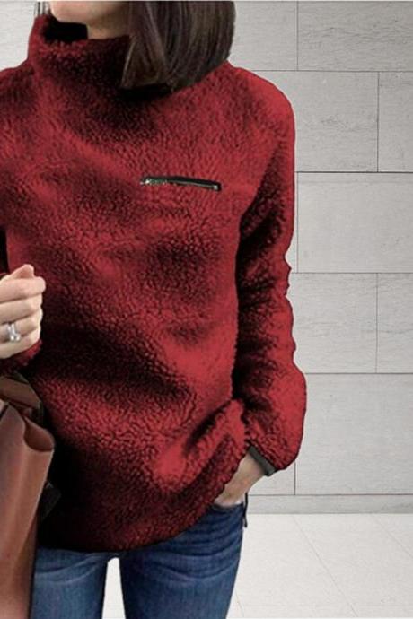  Women Fleece Tops Autumn Winter Warm Turtleneck Zipper Long Sleeve Casual Pullover wine red