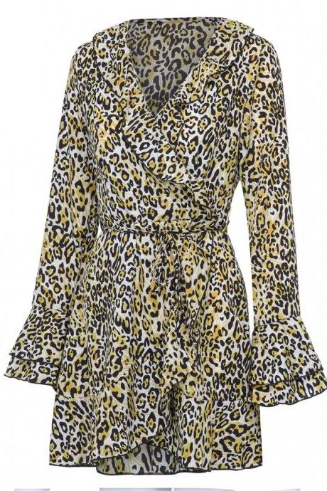 Women Leopard Printed Dress Autumn V Neck Long FLare Sleeve Ruffles Wrap Mini Club Party Dress pale yellow