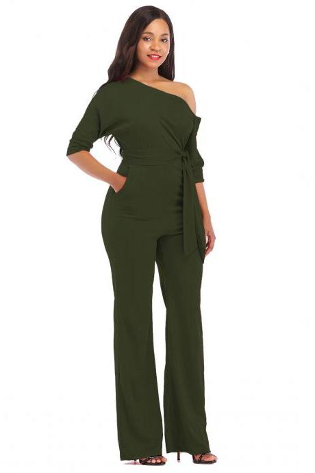 Women Jumpsuit Off the Shoulder Half Sleeve Plus Size Belted Wide Leg Rompers Overalls army green
