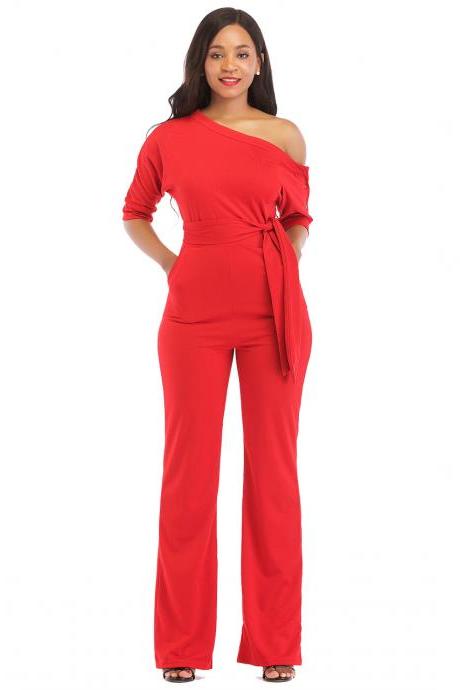 Women Jumpsuit Off The Shoulder Half Sleeve Plus Size Belted Wide Leg Rompers Overalls Red
