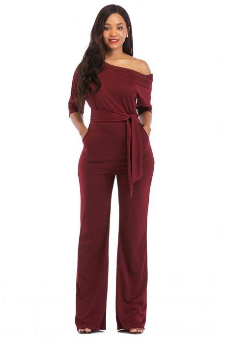  Women Jumpsuit Off the Shoulder Half Sleeve Plus Size Belted Wide Leg Rompers Overalls wine red
