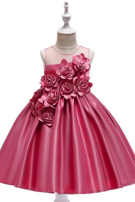  Satin Flower Girl Dress Sleeveless Wedding Formal Birthday Princess Party Tutu Gowns Children Kids Clothes blush