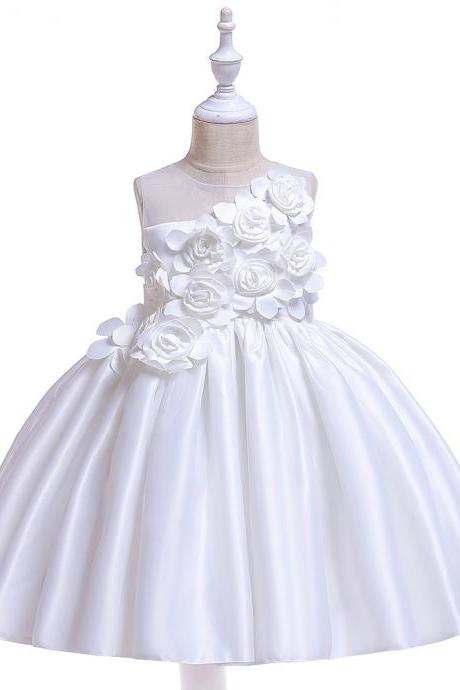  Satin Flower Girl Dress Sleeveless Wedding Formal Birthday Princess Party Tutu Gowns Children Kids Clothes off white
