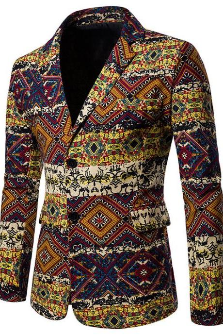  Men Blazer Coat Spring Autumn Africa National Style Printed Slim Fit Casual Male Suit Jacket X08