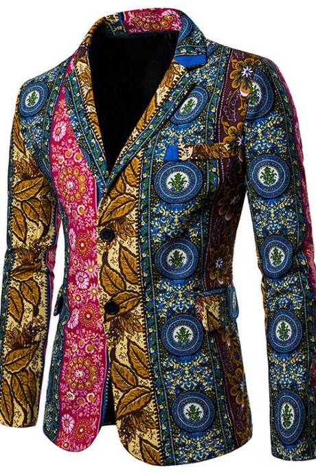  Men Blazer Coat Spring Autumn Africa National Style Printed Slim Fit Casual Male Suit Jacket X09