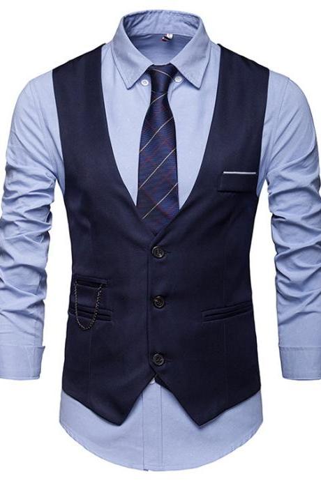 Men Slim Fit Waistcoat V Neck Suit Vest Casual Formal Business Sleeveless Jacket navy blue