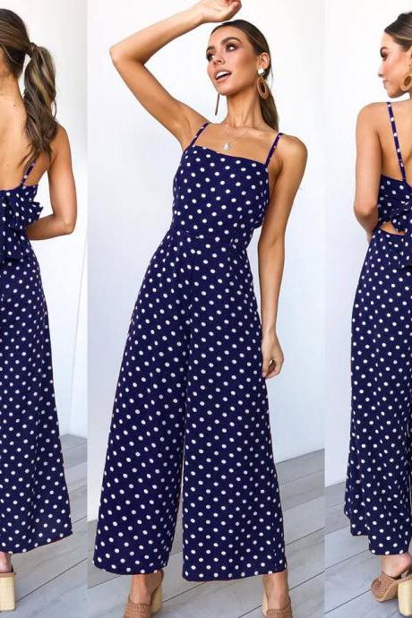 Women Polka Dot Jumpsuit Spaghetti Strap Sleeveless Backless Casual Wide Leg Pants Rompers Overalls navy blue