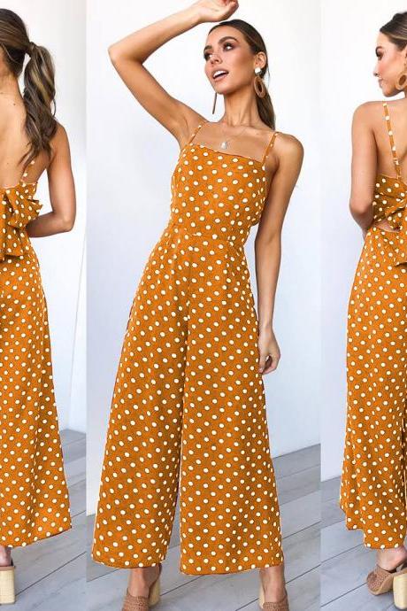  Women Polka Dot Jumpsuit Spaghetti Strap Sleeveless Backless Casual Wide Leg Pants Rompers Overalls yellow