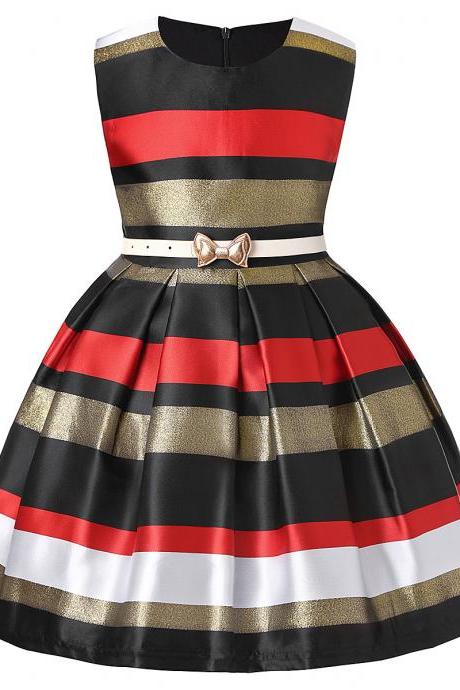  Striped Flower Girl Dress Sleeveless Formal Birthday Princess Party Gown Children Kids Clothes black+red