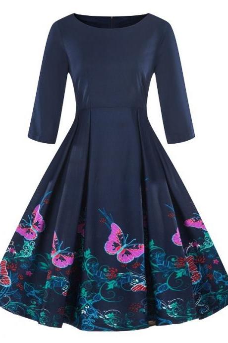 Women Floral Printed Dress Autumn 3/4 Sleeve Work Office Rockabilly A Line Party Dress 7#