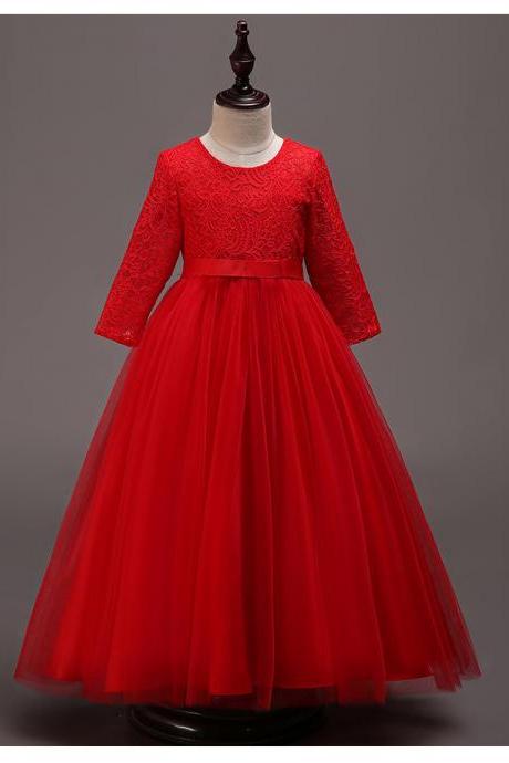  Long Sleeve Flower Girl Dress Lace Wedding First Communion Perform Party Gown Children Clothes red