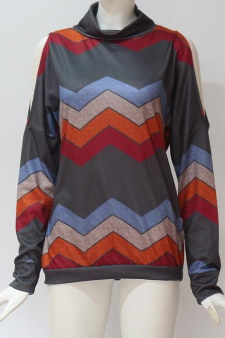Women Knitted Sweater Off Shoulder Long Sleeve Casual Loose Turtleneck Geometric Printed Pullover Tops Gray