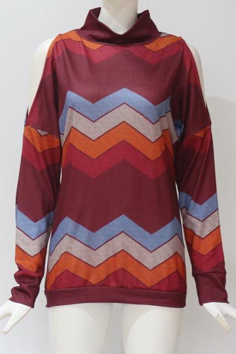  Women Knitted Sweater Off Shoulder Long Sleeve Casual Loose Turtleneck Geometric Printed Pullover Tops wine red