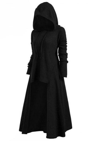 Women Asymmetrical Dress Gothic Long Sleeve Hooded Plus Size High Low Casual Dress black