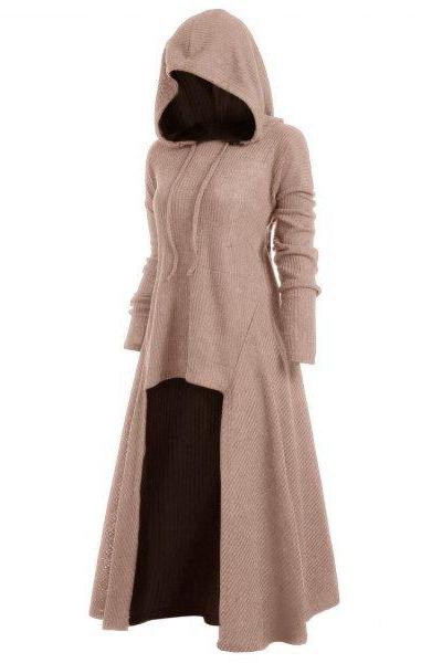 Women Asymmetrical Dress Gothic Long Sleeve Hooded Plus Size High Low Casual Dress old pink
