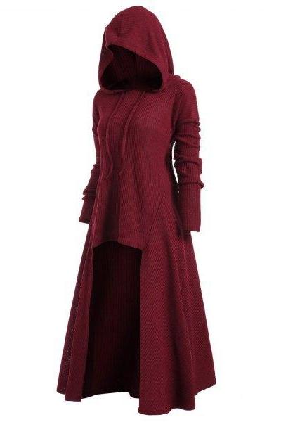 Women Asymmetrical Dress Gothic Long Sleeve Hooded Plus Size High Low Casual Dress wine red