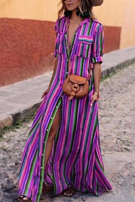 Women Striped Maxi Dress Short Sleeve Button Floor Length Streetwear Casual Long Shirt Dress