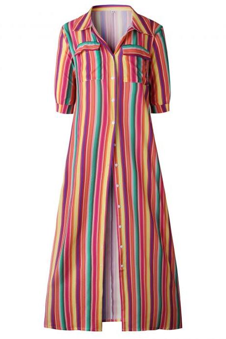  Women Striped Maxi Dress Short Sleeve Button Floor Length Streetwear Casual Long Shirt Dress red
