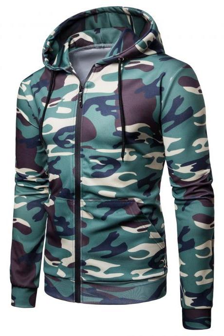 Men Camouflage Coat Spring Autumn Thin Slim Long Sleeve Zipper Hooded Jacket Windbreaker Outwear green