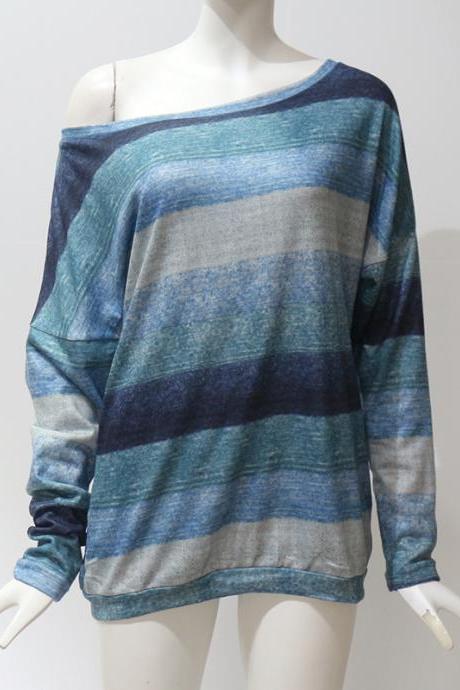 Women Long Sleeve T Shirt Spring Autumn Off Shoulder Casual Geometric Printed Pullover Tops green