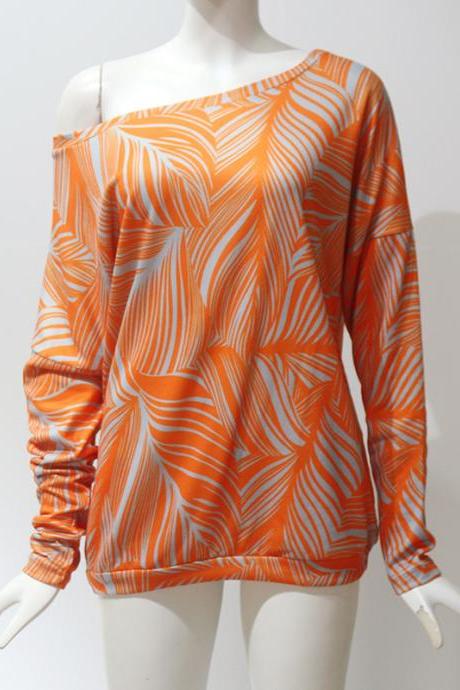 Women Long Sleeve T Shirt Spring Autumn Off Shoulder Casual Geometric Printed Pullover Tops Orange