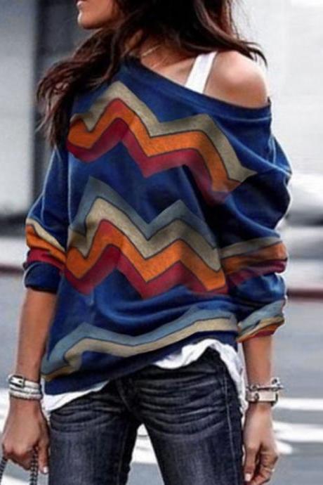 Women Long Sleeve T Shirt Spring Autumn Off Shoulder Casual Geometric Printed Pullover Tops royal blue