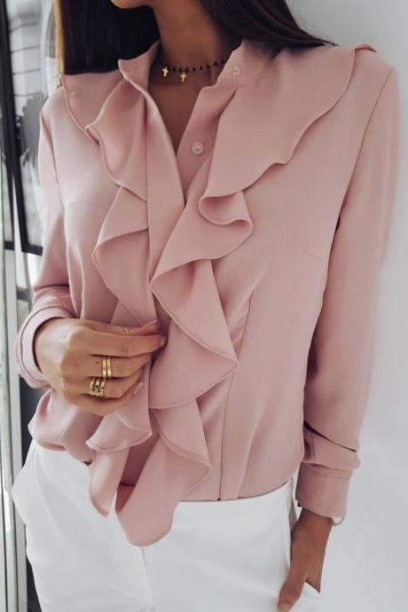  Women Blouse Spring Autumn Ruffles Long Sleeve Casual Slim Work Office OL Top Shirt pink