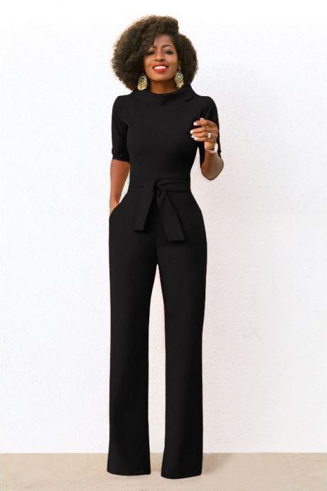Women Jumpsuit Half Sleeve Stand Collar Belted Casual Wide Leg Pants Office Rompers Overalls black