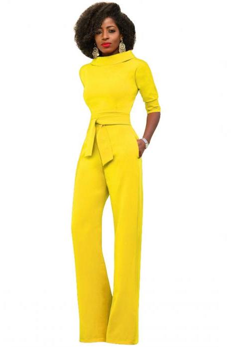Women Jumpsuit Half Sleeve Stand Collar Belted Casual Wide Leg Pants Office Rompers Overalls yellow