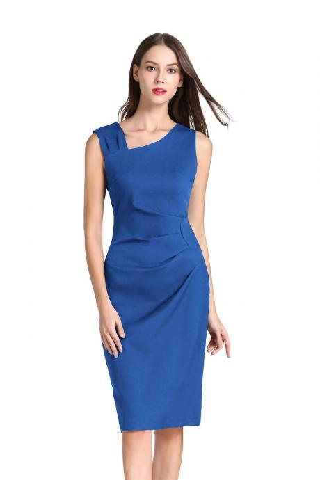 Women Pencil Dress Sleeveless Knee Length Ruched Bodycon Office Business Party Dress blue